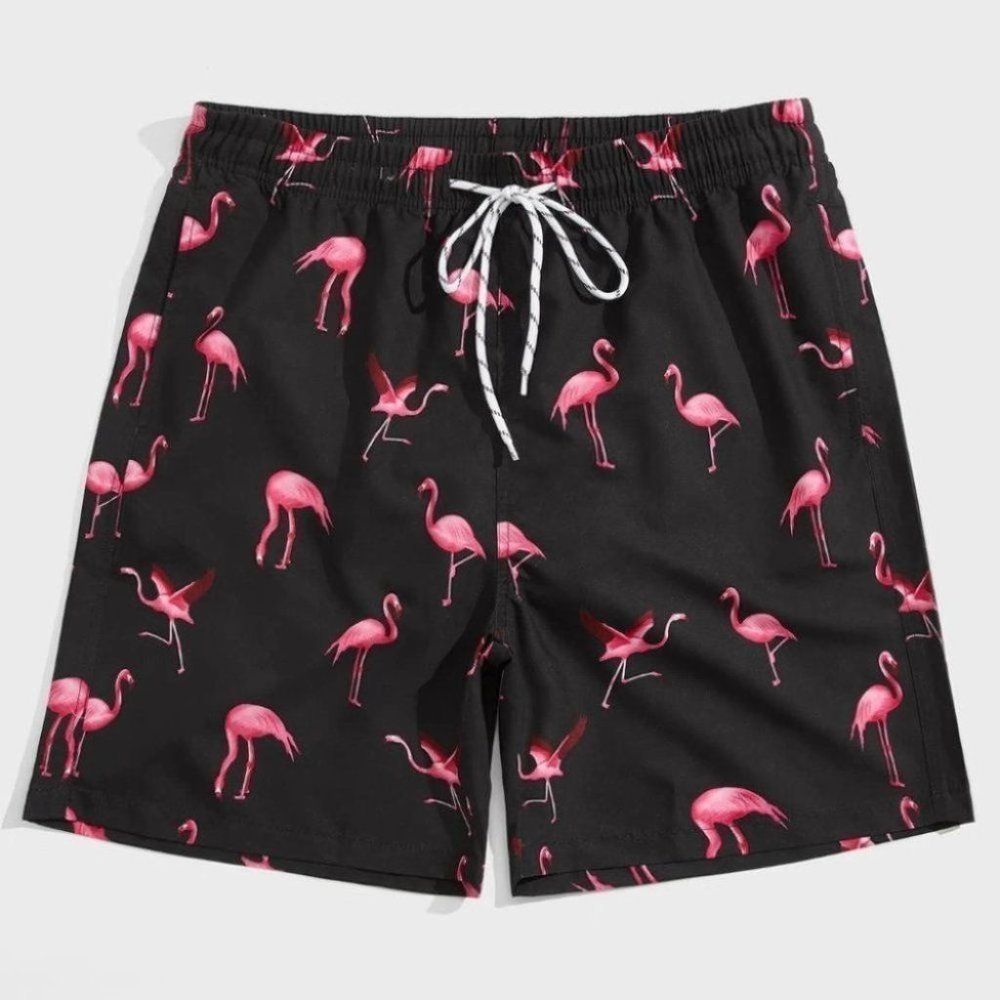 Black Vacation Style Men's Flamingo Print Swim Trunks - Picture 5 of 6